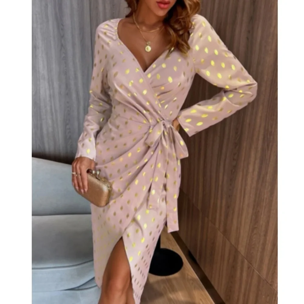 Luxe metallic gold dots wrap knot side party evening formal dress - Picture 10 of 15